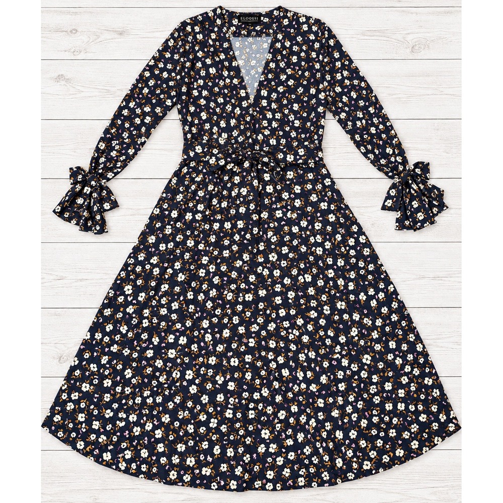 Eloquii Dress Floral Wrap V-Neck Tie Waist Bell Sleeve Midi Cottagecore Size 16